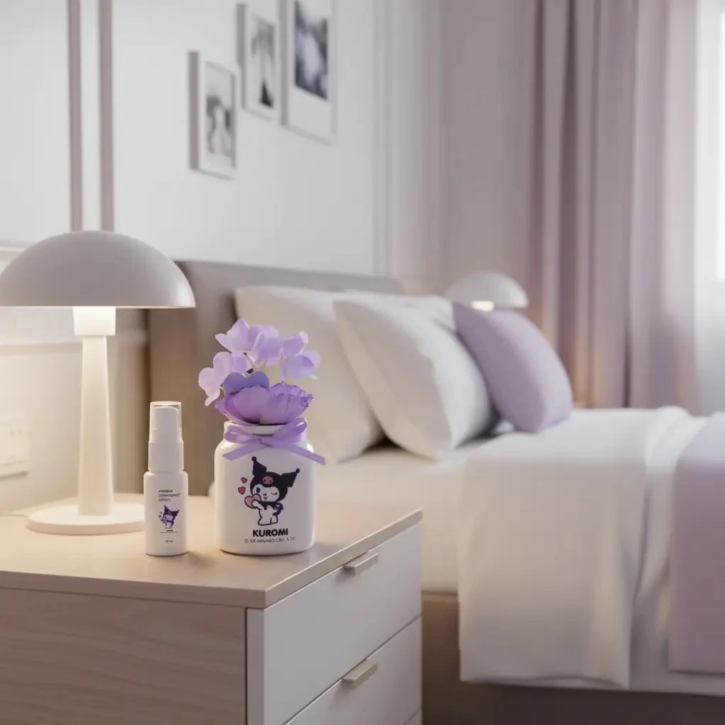 Sanrio Lisanslı Kuromi Oda Parfümü ve Süs Seti - Seramik Şişeli Dekoratif Oda Kokusu ve Figür