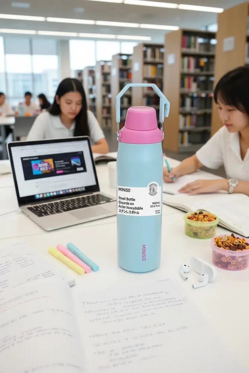 Miniso Lisanslı Saplı Paslanmaz Çelik Şişe 840 mL – Çift Katmanlı Açık Mavi