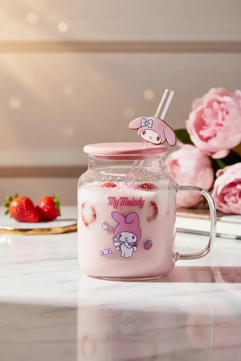 Sanrio Lisanslı My Melody Kapaklı ve Pipetli Cam Şişe 450 Ml
