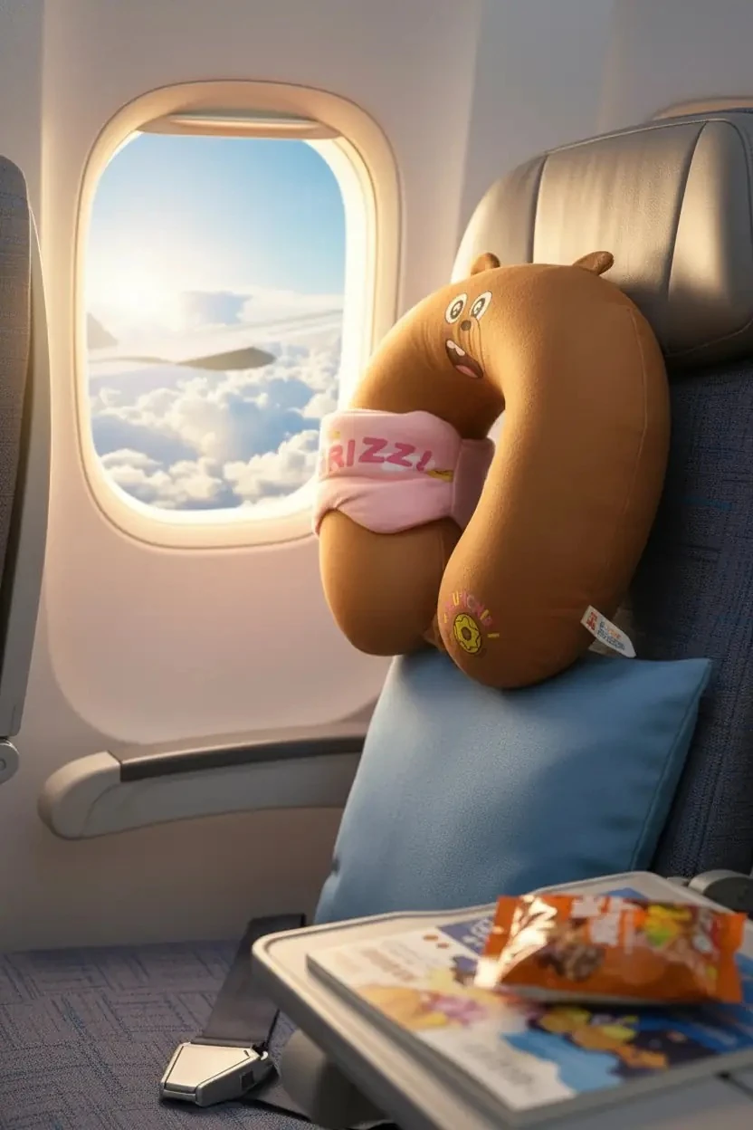 We Bare Bears Lisanslı Bozayı Boyun Yastığı ve Uyku Gözlüğü Seti – Yumuşak Dokulu Grizzly Seyahat Seti