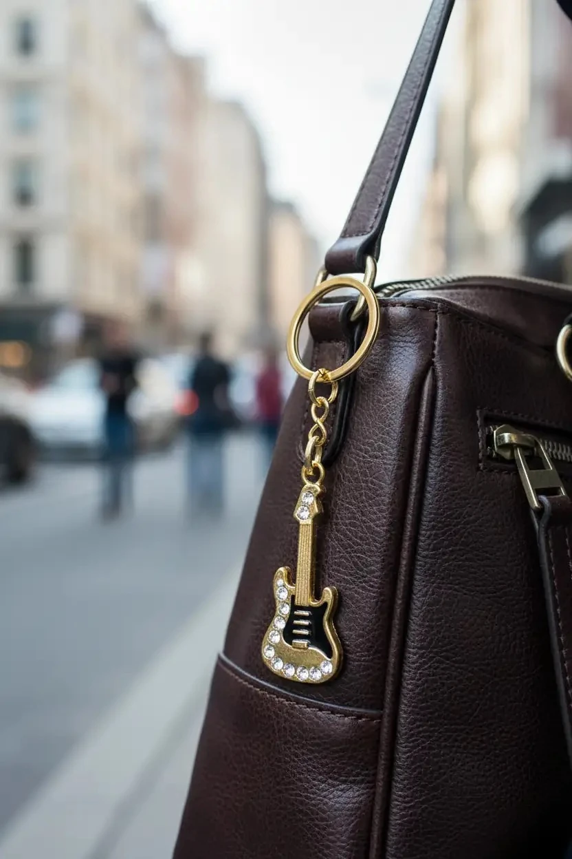 Sheforshe Lisanslı Müzik Temalı Gitar Tasarımlı Taşlı Anahtarlık – Altın Renkli Metal Çanta Aksesuarı