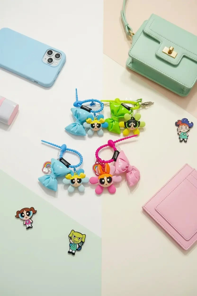 Powerpuff Girls Lisanslı Boncuklu Çiçek Figürlü Fiyonk Anahtarlık Renkli 5 Cm