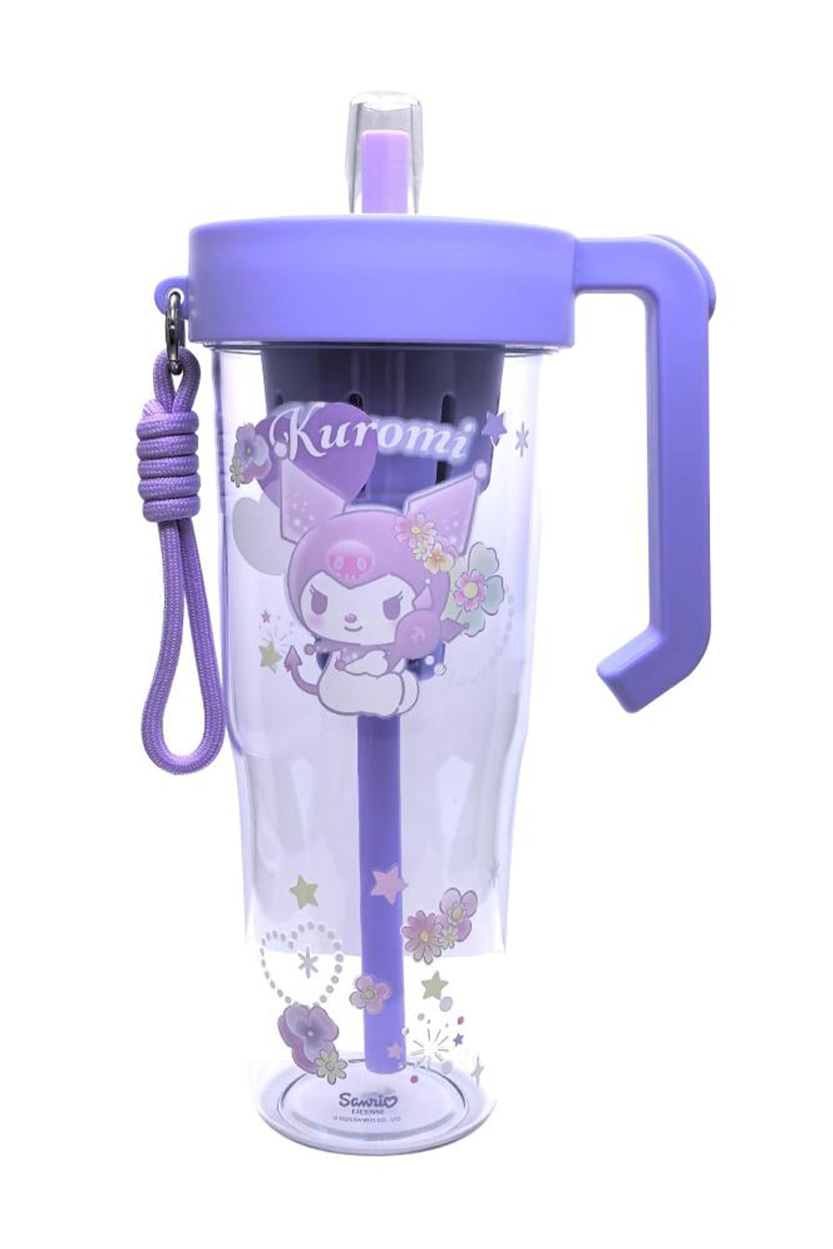 Sanrio Lisanslı  Kuromi  Çiçek Dili Serisi Saplı ve Pipetli Plastik Şişe 1250mL