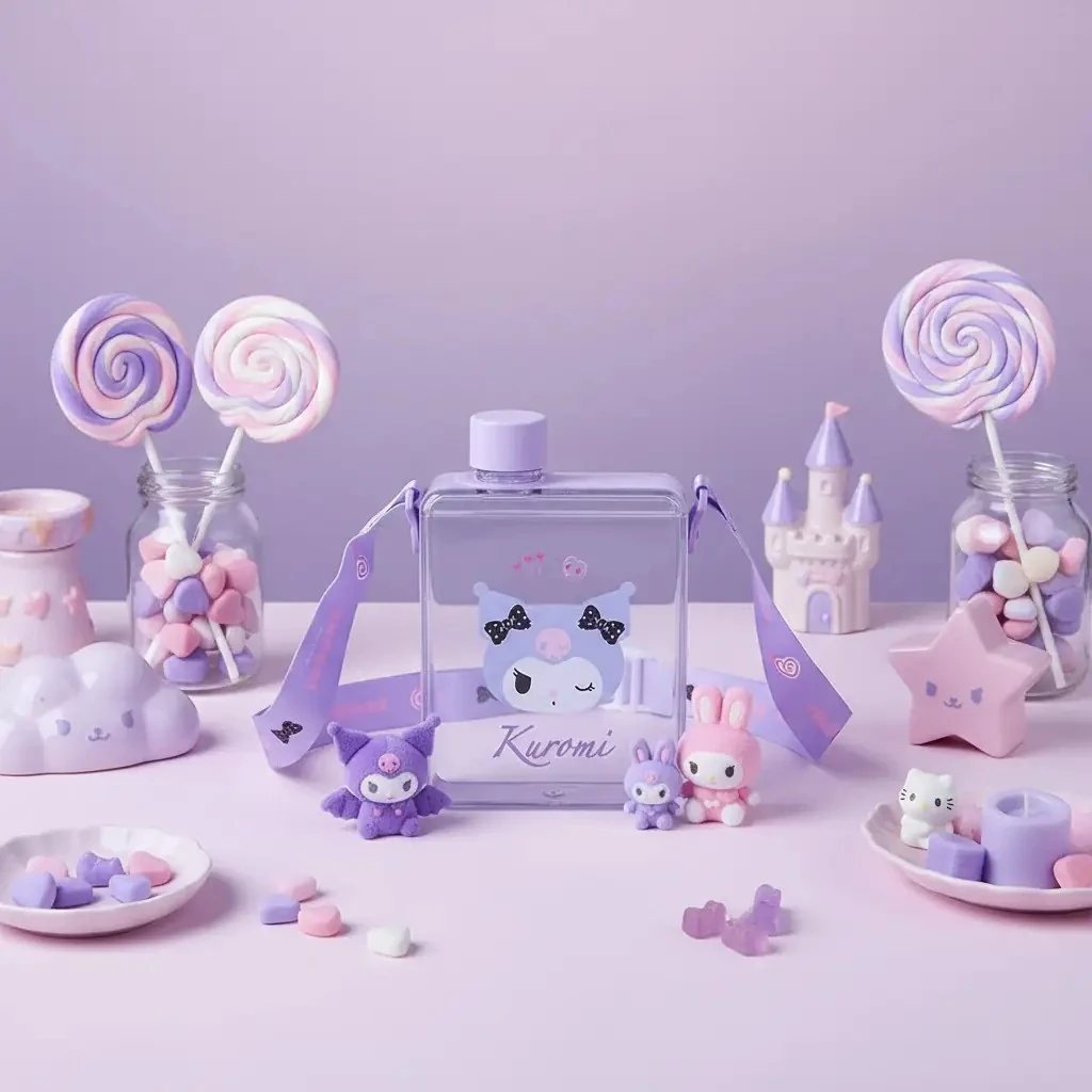 Sanrio Lisanslı Taşıma Askılı Sızdırmaz Plastik Su Şişesi Kuromi 500 ml