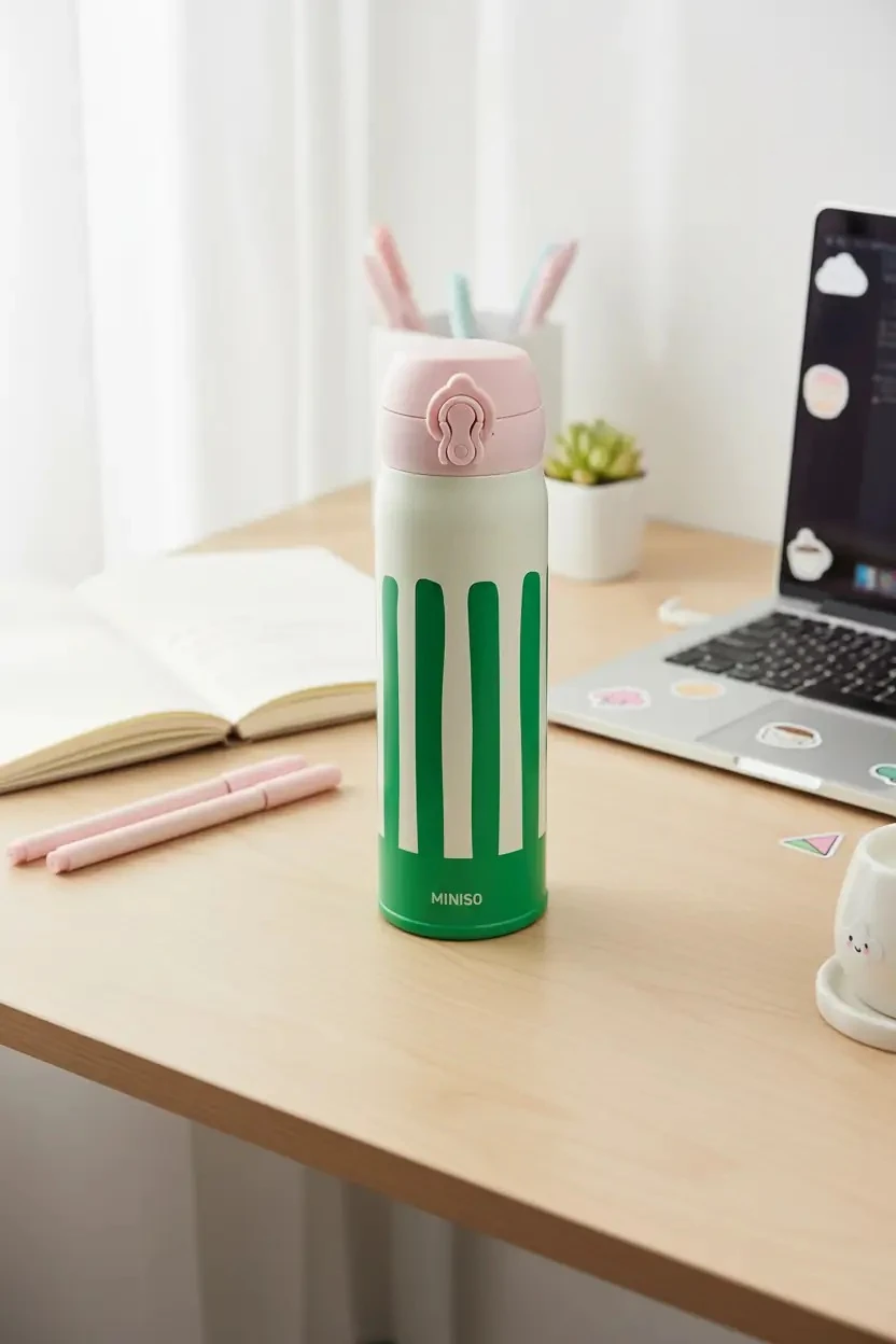 Miniso Lisanslı Çizgili Yalıtımlı Şişe 450 mL – Kapaklı Çelik Tasarım