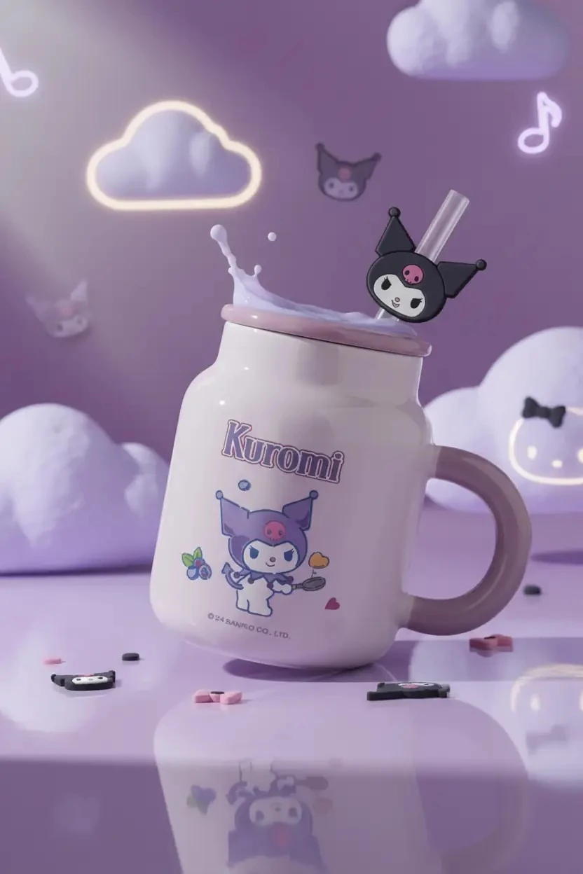 Sanrio Lisanslı Kuromi Kapaklı ve Pipetli Seramik Kupa 410 ml