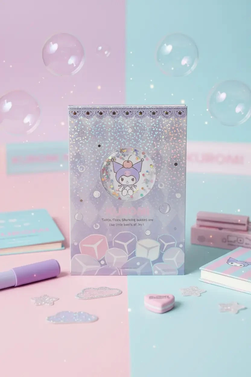 Sanrio Lisanslı Kuromi Renkli Yaz Serisi Sert Kapak Kareli Sallantılı Not Defteri ve Sticker Seti – 80 Sayfa 17.4 Cm