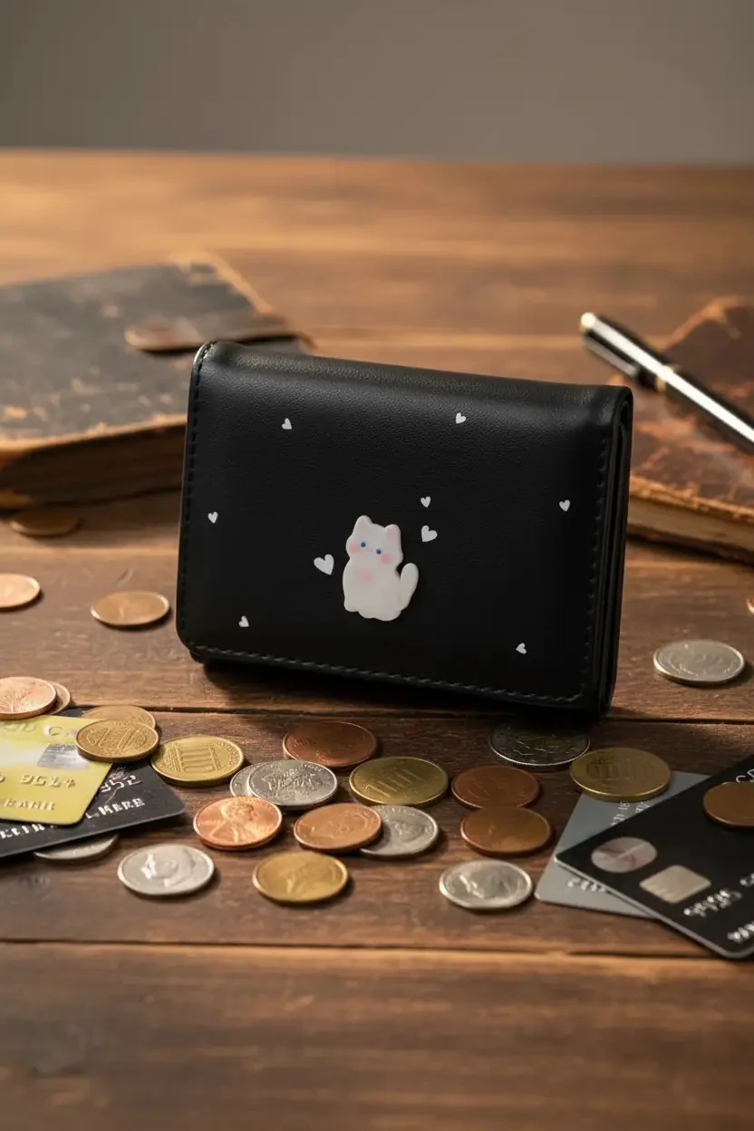 Sevimli Kedi Serisi Üç Katlı Kadın Cüzdanı (Siyah)