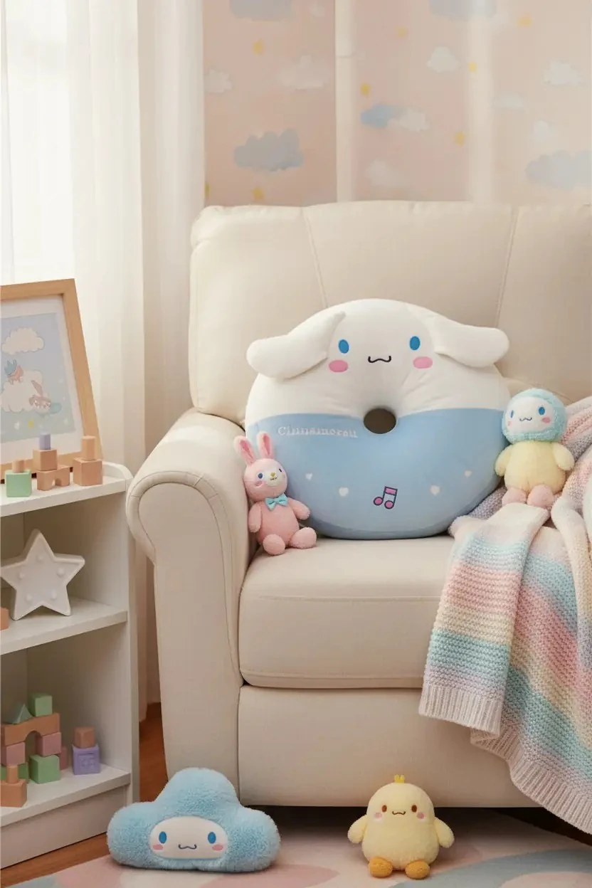 Sanrio Lisanslı Yuvarlak Peluş Yastık Cinnamoroll Dekoratif Yastık 40 cm