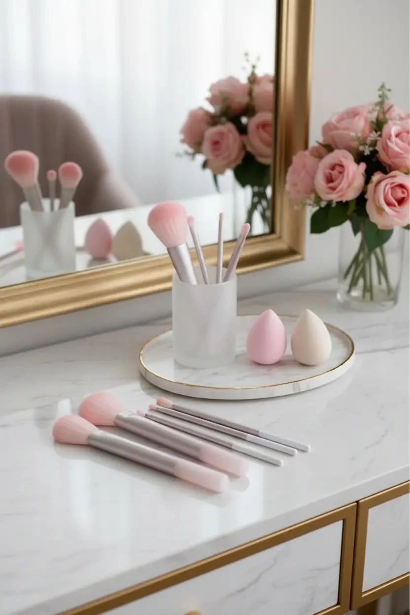 Miniso Lisanslı Bronz Renkli 7'li Makyaj Sünger ve Fırça Seti - Profesyonel Yüz ve Göz Makyaj Seti 19 cm