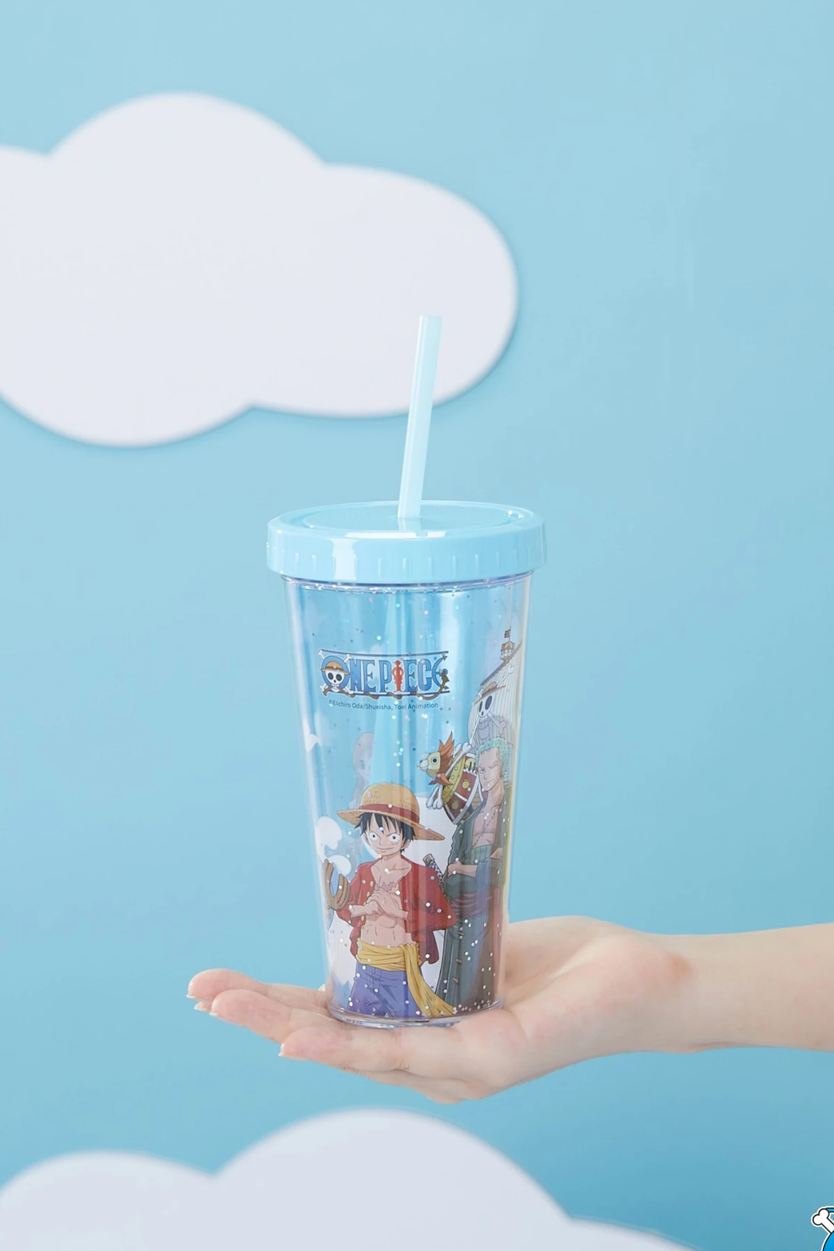 One Piece Lisanslı Çift Cidarlı Pipetli Plastik Su Kabı 420 ml (Mavi)