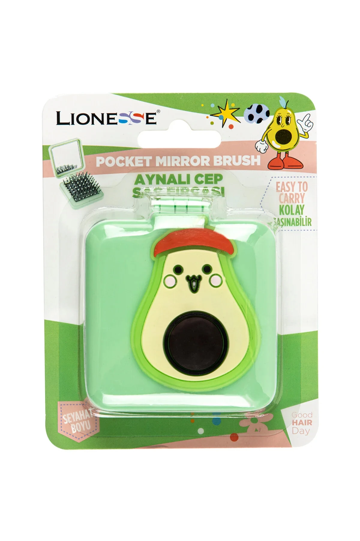 Lionesse Avokado Figürlü Aynalı Seyahat Saç Fırçası
