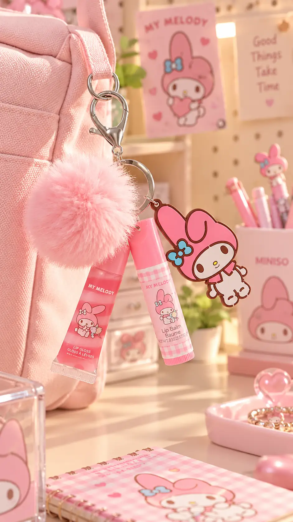 MINISO Sanrio Lisanslı Ponpon Anahtarlıklı Dudak Bakım Seti - My Melody