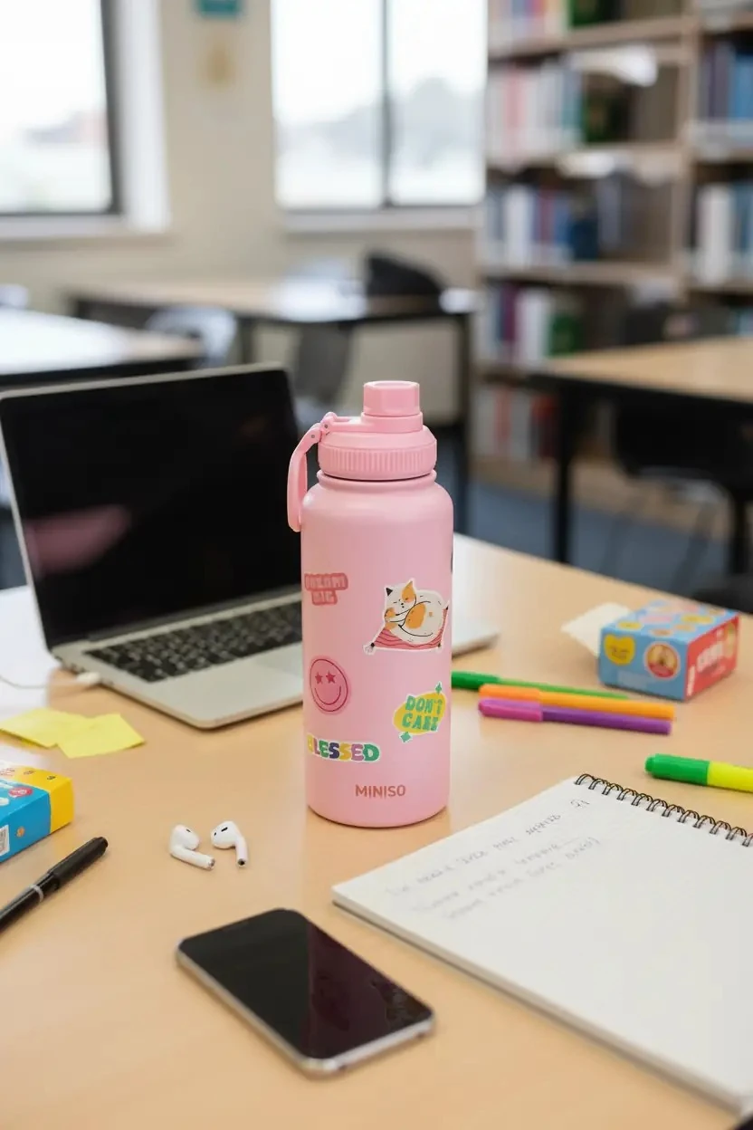 Miniso Lisanslı DIY Serisi Isı Yalıtımlı Paslanmaz Çelik Şişe 900 mL – Pembe