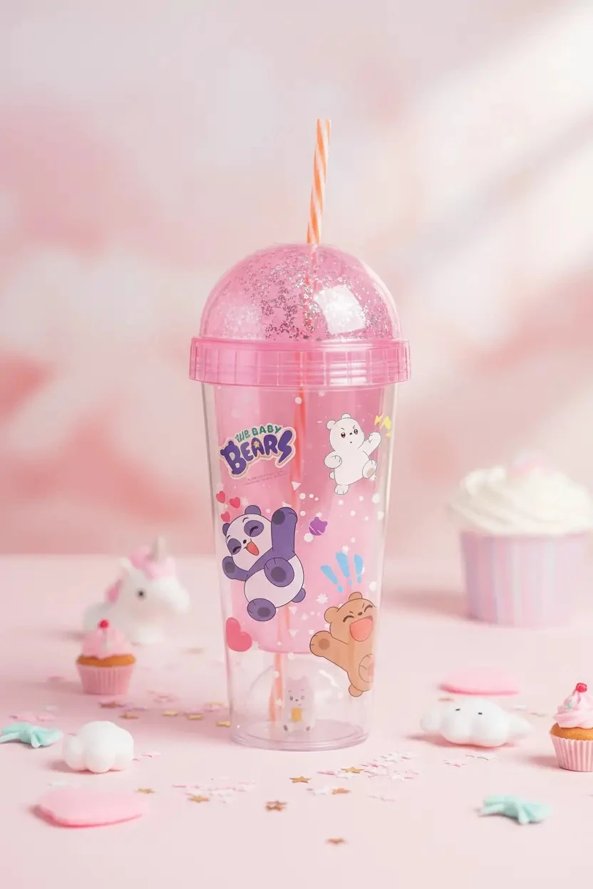 We Baby Bears Lisanslı Figür Detaylı Pipetli Plastik Şişe (350Ml) - Pembe