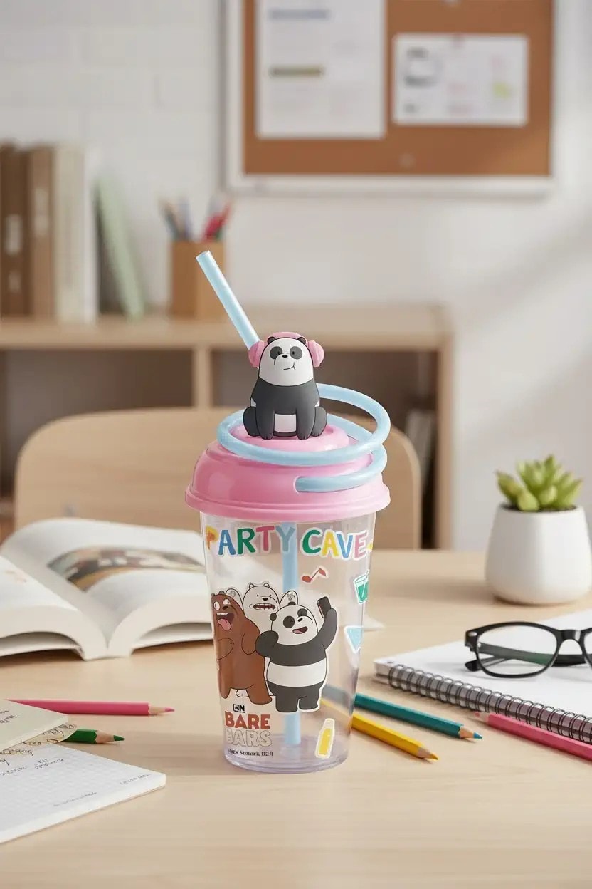 We Bare Bears Lisanslı Döndürülen Pipetli Plastik Bardak