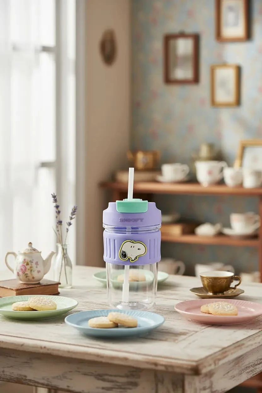 Snoopy Lisanslı Vintage Serisi Pipetli ve Çift Kapaklı Plastik Su Kabı 650 ml