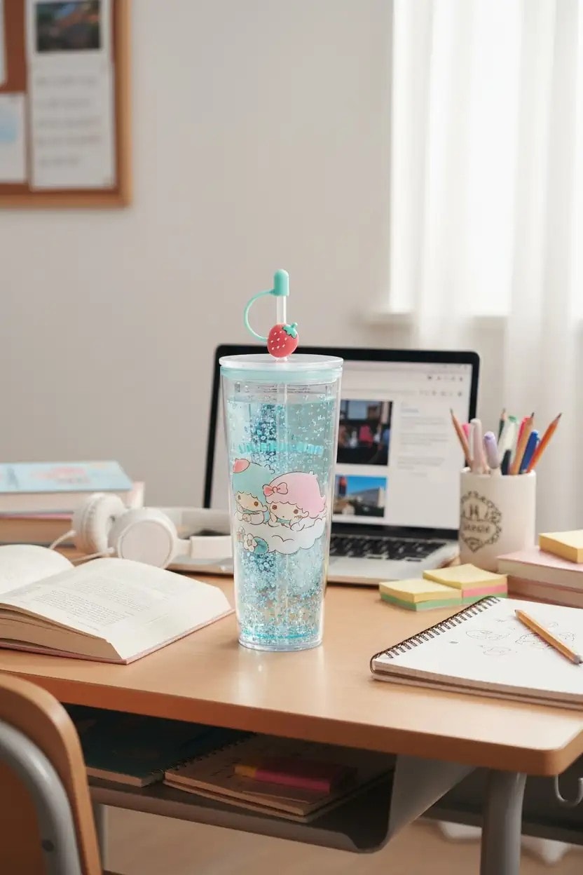 Sanrio Lisanslı Çift Cidarlı Pipetli Plastik Şişe (800ml) - Little Twin Stars