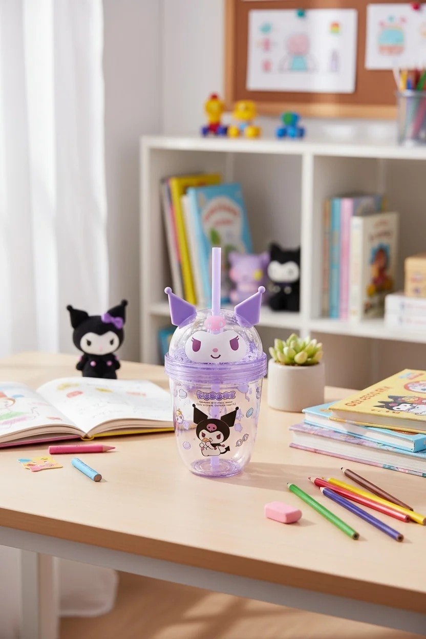 Sanrio Lisanslı Kuromi Tatlı Fabrikası Serisi Pipetli ve Süslemeli Plastik Şişe 435mL