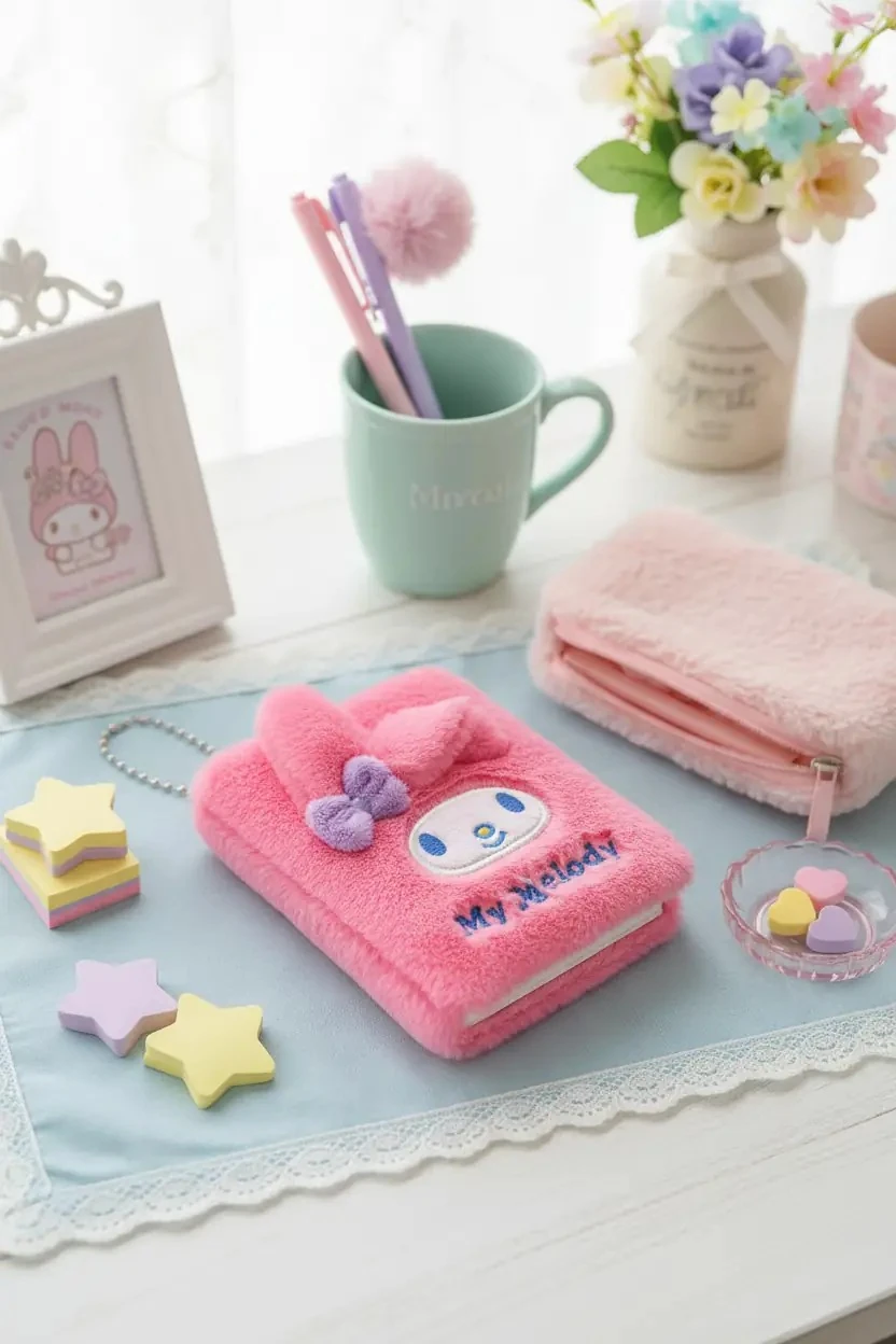 Sanrio Lisanslı My Melody Kolyeli Peluş Defter – Taşınabilir & Yumuşak Dokulu