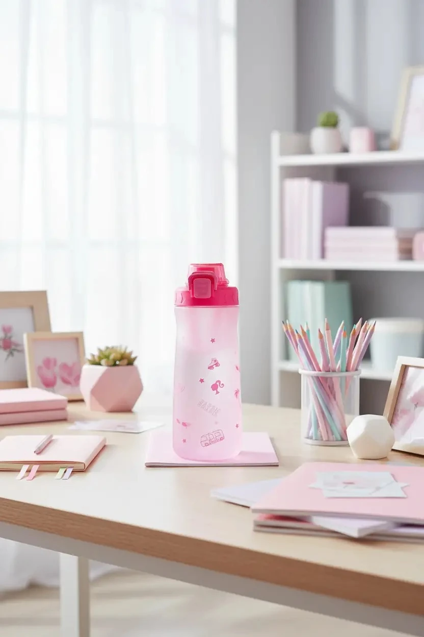 Barbie Lisanslı Baskılı Pipetli Kapaklı Plastik Şişe