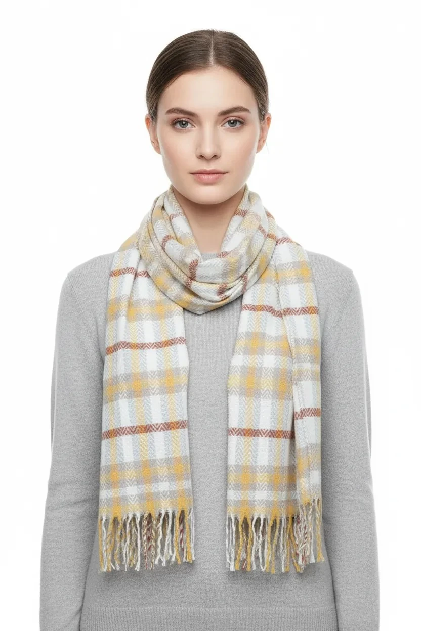 Yumuşak Dokulu Püsküllü Safran-Kiremit Kalın Omuz Şalı