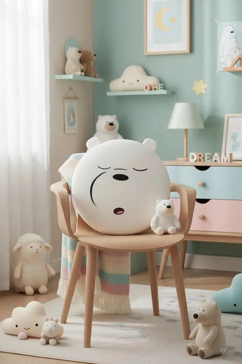 We Bare Bears Lisanslı Kalın Yuvarlak Yastık - Sandalye Minderi - Kutup Ayısı