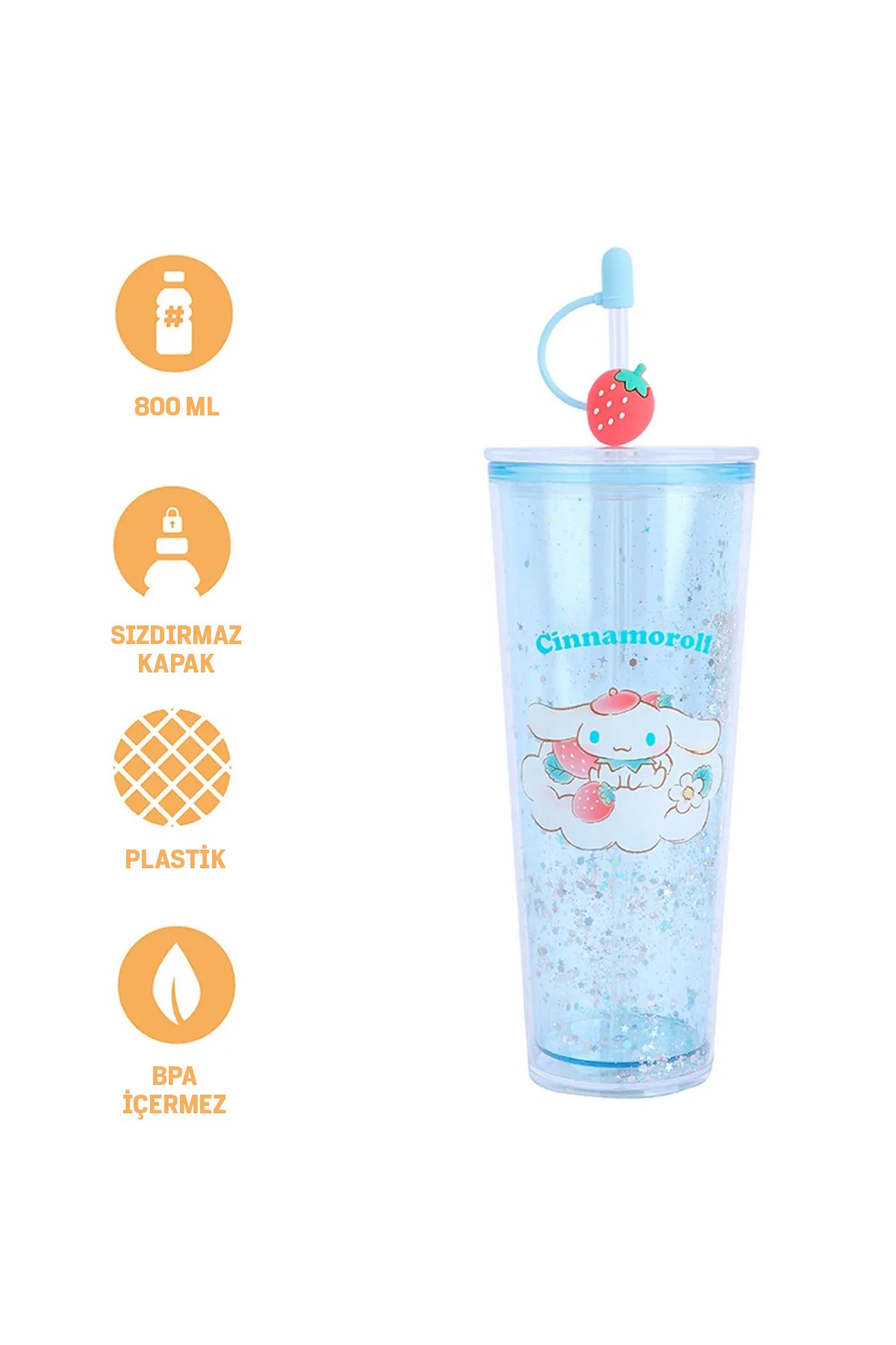 Sanrio Lisanslı Çift Cidarlı Pipetli Plastik Şişe (800ml) - Cinnamoroll