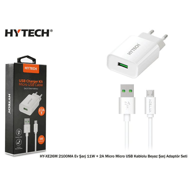 Hytech HY-XE26M Micro USB Kablolu 2100MA Ev Şarj 11W+2A Micro Beyaz Şarj Adaptör Setiü