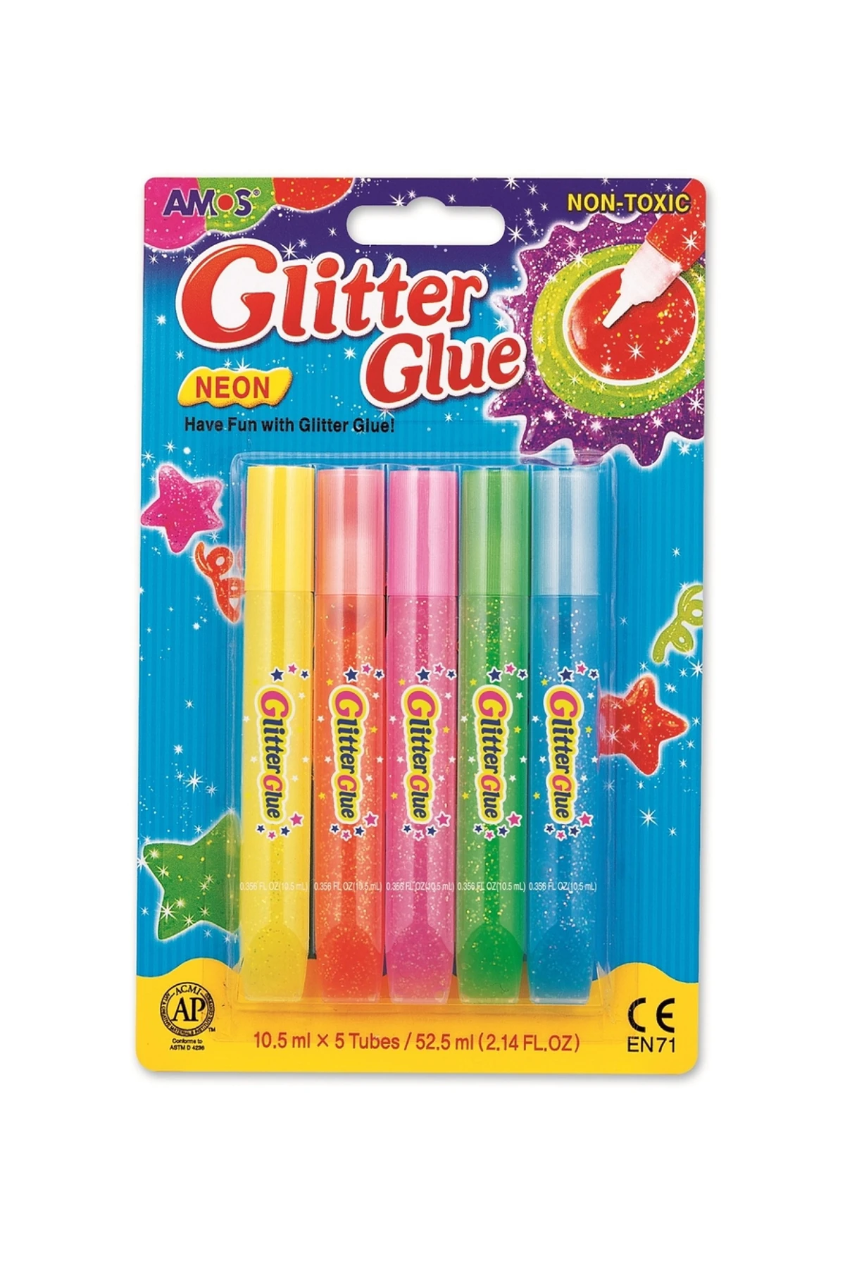 Amos Simli Yapıştırıcı Neon 5’li Blister Seti 10.5 ML – El İşi ve Dekorasyon İçin Parıltılı Süsleme Boyası