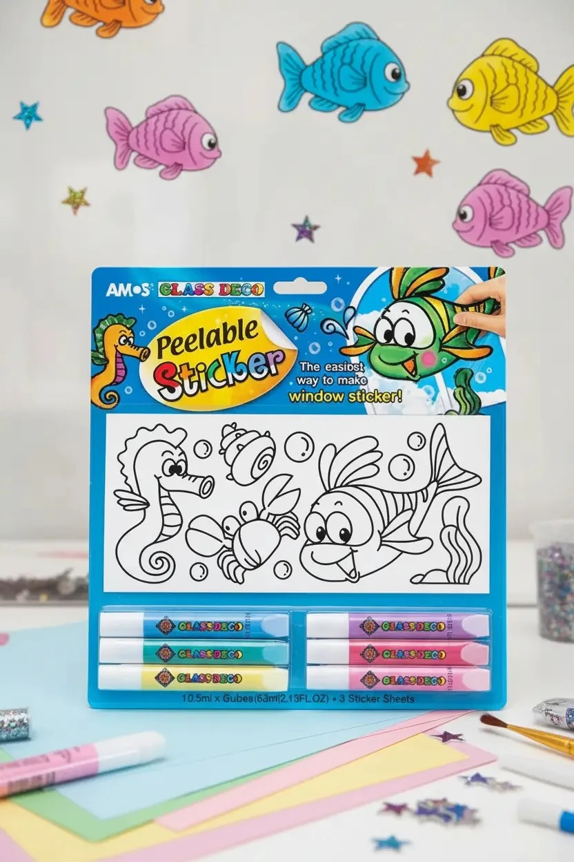 Amos Cam Boyama Seti Peelable Sticker – Çıkarılabilir Dekoratif Tasarım ve El Becerisi Seti