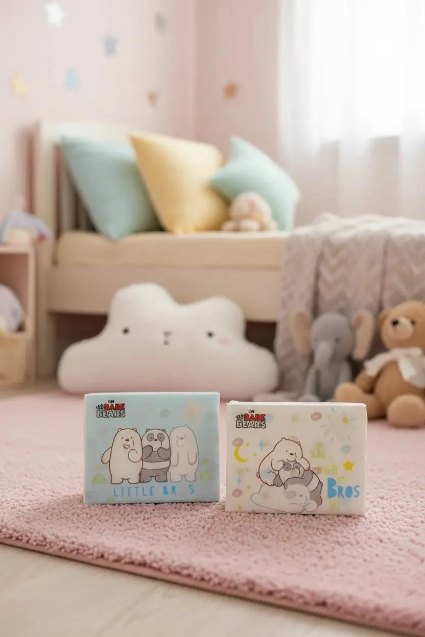 We Bare Bears Lisanslı Baskılı Kağıt Mendil – 3 Katlı Yumuşak ve Dayanıklı Yıldız Desenli 50 Yaprak