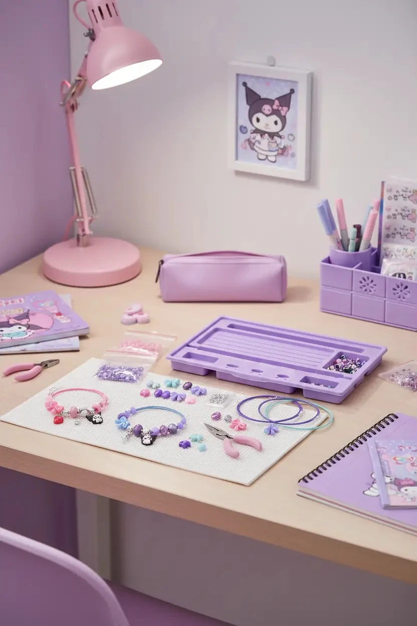Sanrio Lisanslı Kuromi Parlak Boncuklu Bileklik Yapma Seti – 26,5 Cm