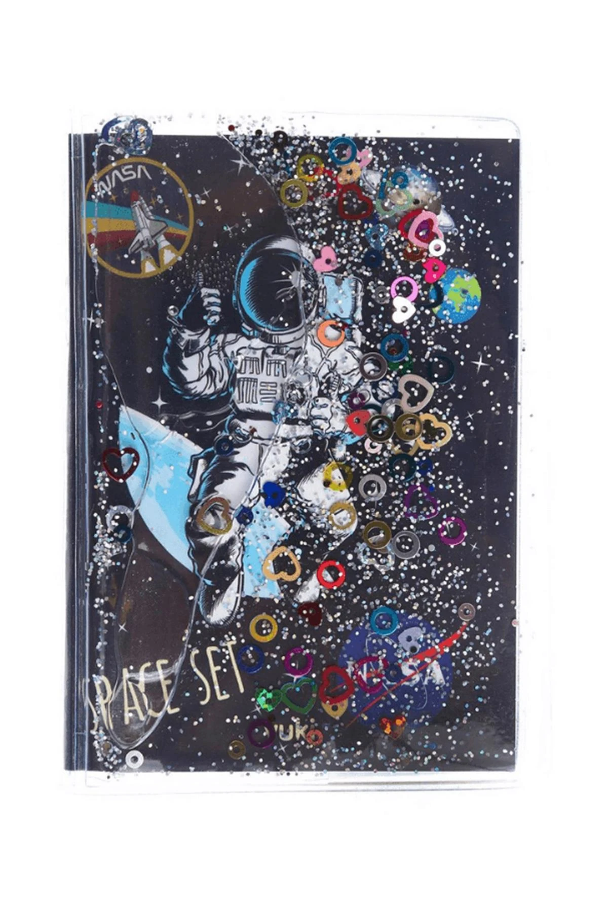 Vuki Astronot Simli Ve Sulu Kapaklı Rengarenk Sayfalı Mini Defter