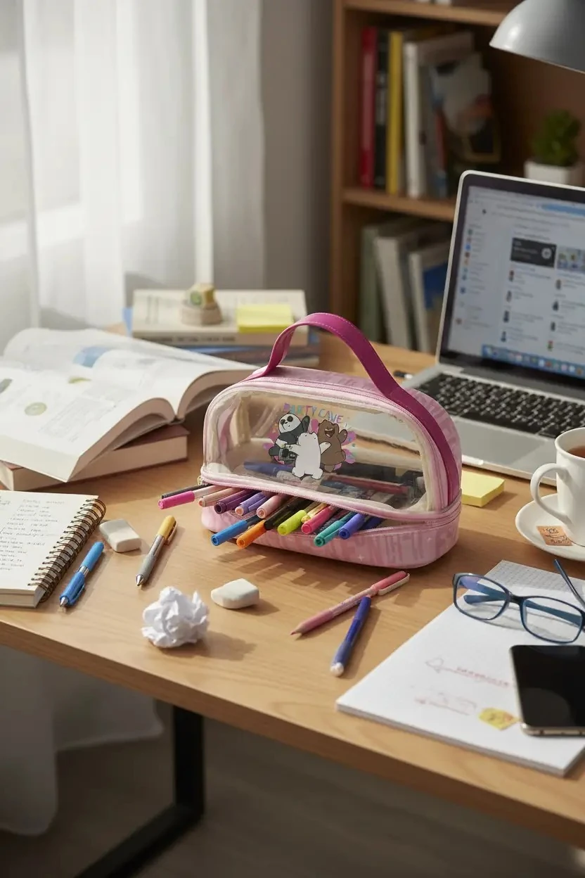 We Bare Bears Lisanslı Çift Katmanlı Kalemlik – Geniş Hacimli Düzenleyici