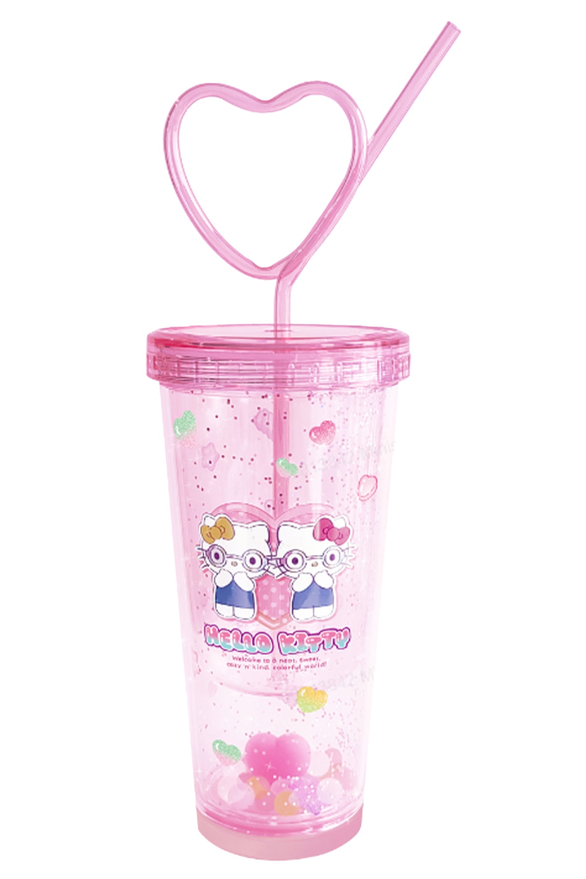Sanrio Lisanslı Hello Kitty Tatlı Fabrikası Serisi Kalp Çift Duvarlı Plastik Şişe Pipetli 440 mL