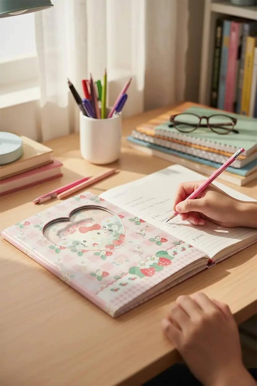 Sanrio Lisanslı Hello Kitty Sert Kapak Not Defteri – 96 Yaprak Çilek ve Kalp Temalı Pastel Tasarım