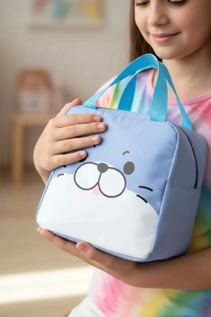 Sevimli Fok Suratlı Yiyecek Çantası - Mavi- 20Cm