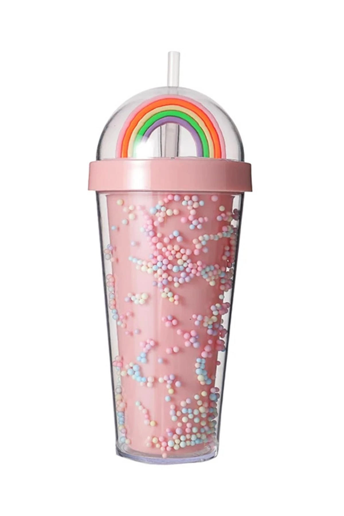 Gökkuşağı Figürlü Boncuklu Pipetli Plastik Su Şişesi (420Ml)