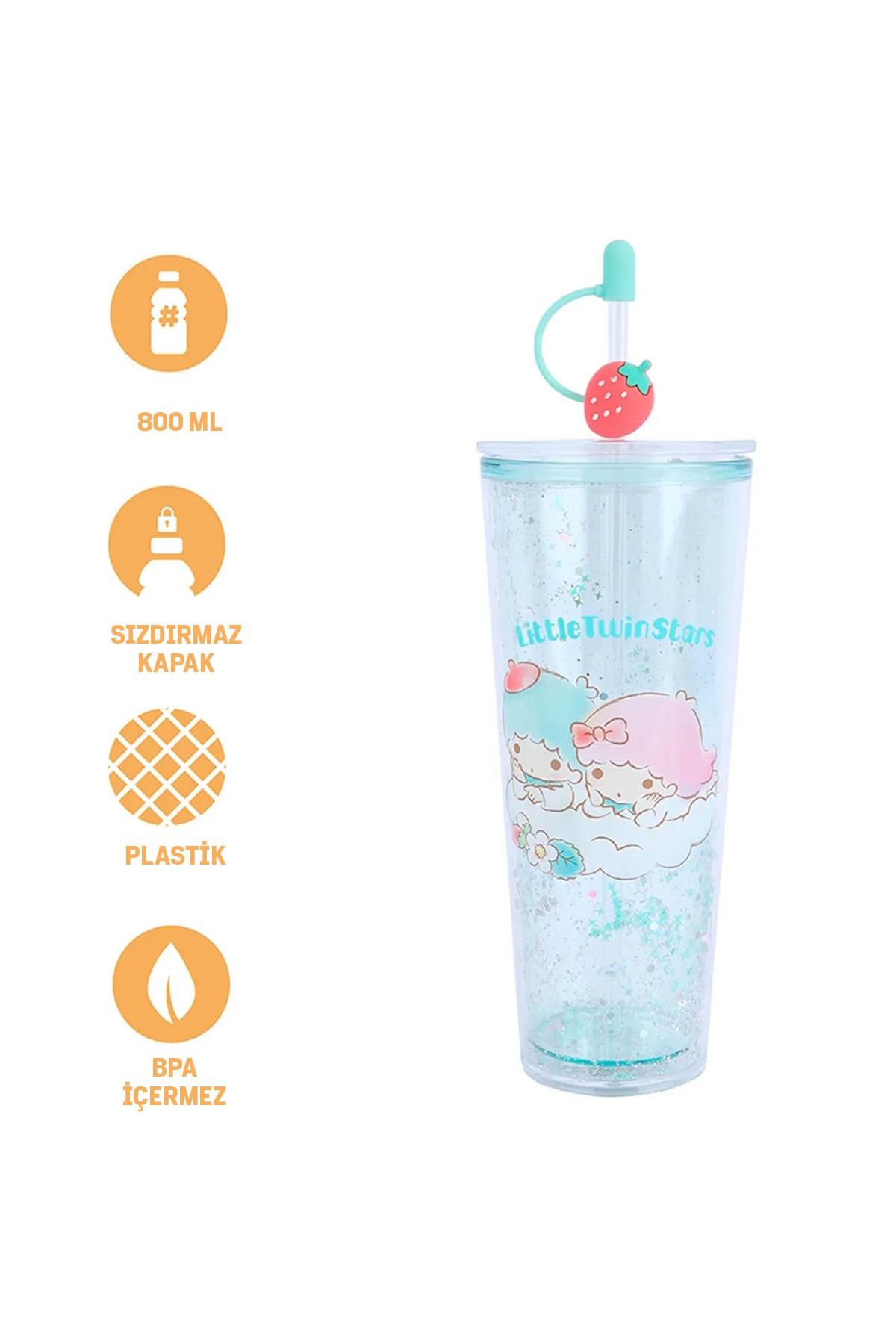 Sanrio Lisanslı Çift Cidarlı Pipetli Plastik Şişe (800ml) - Little Twin Stars