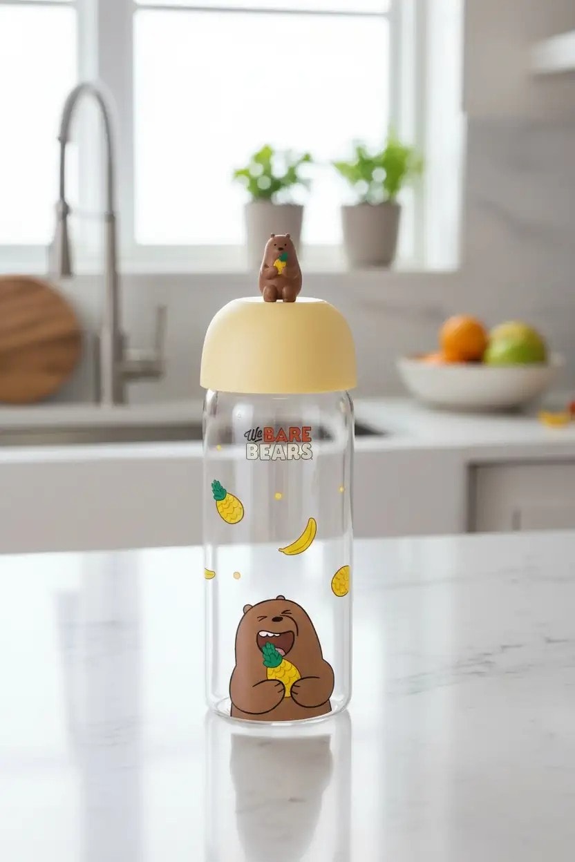 We Bare Bears Lisanslı Figürlü Borosilikat Cam Şişe (420Ml)-Boz Ayı