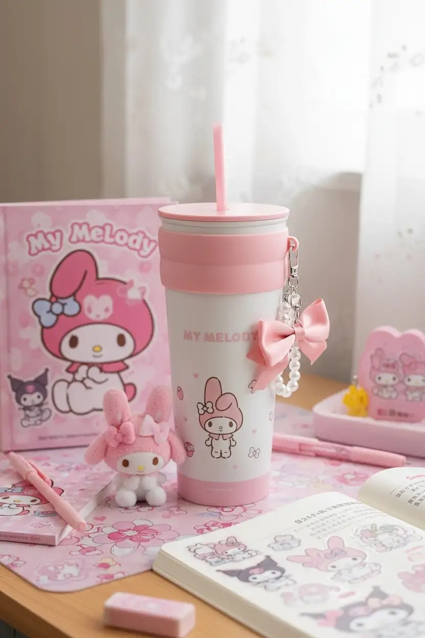 Sanrio Lisanslı Askılı ve Pipetli Paslanmaz Çelik Matara 800 ML