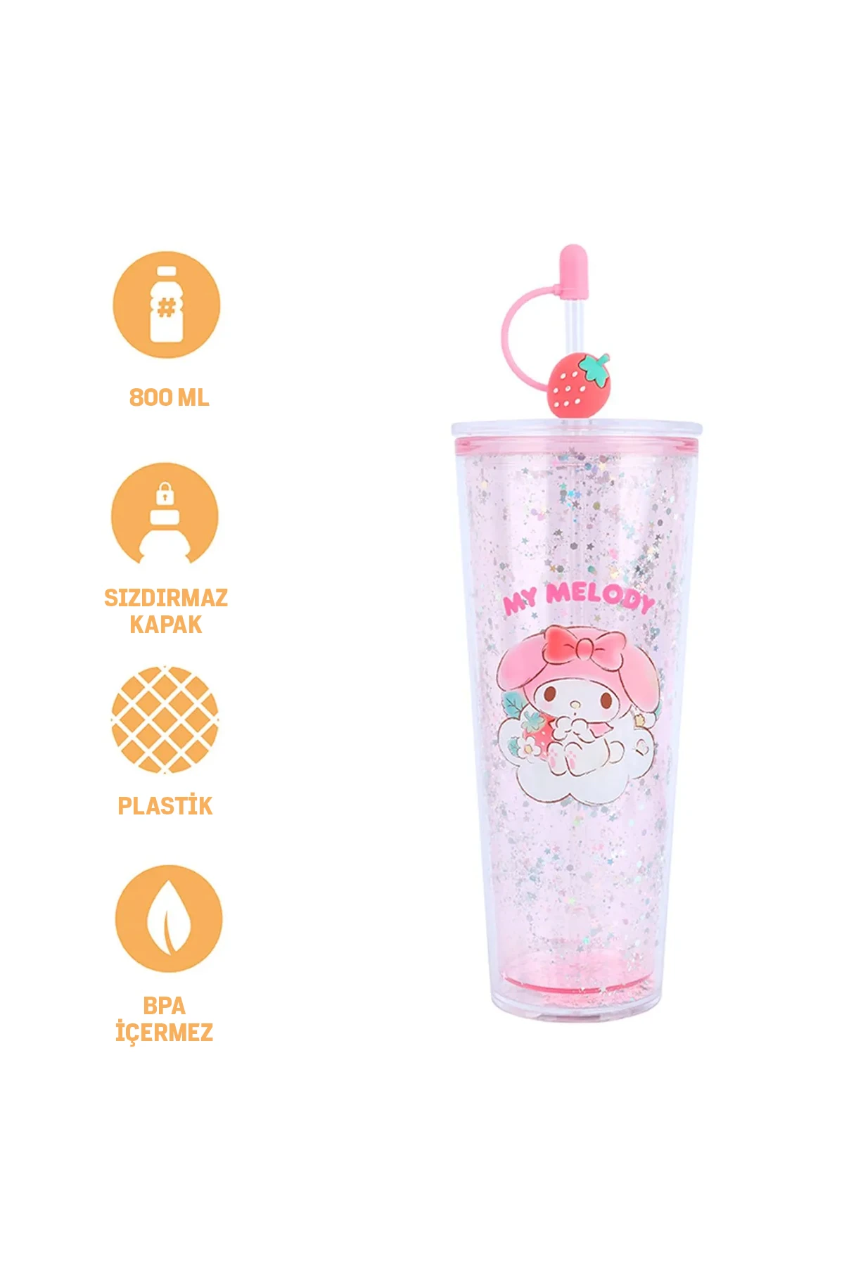 Sanrio Lisanslı Çift Cidarlı Pipetli Plastik Şişe (800Ml) - My Melody (Outlet)