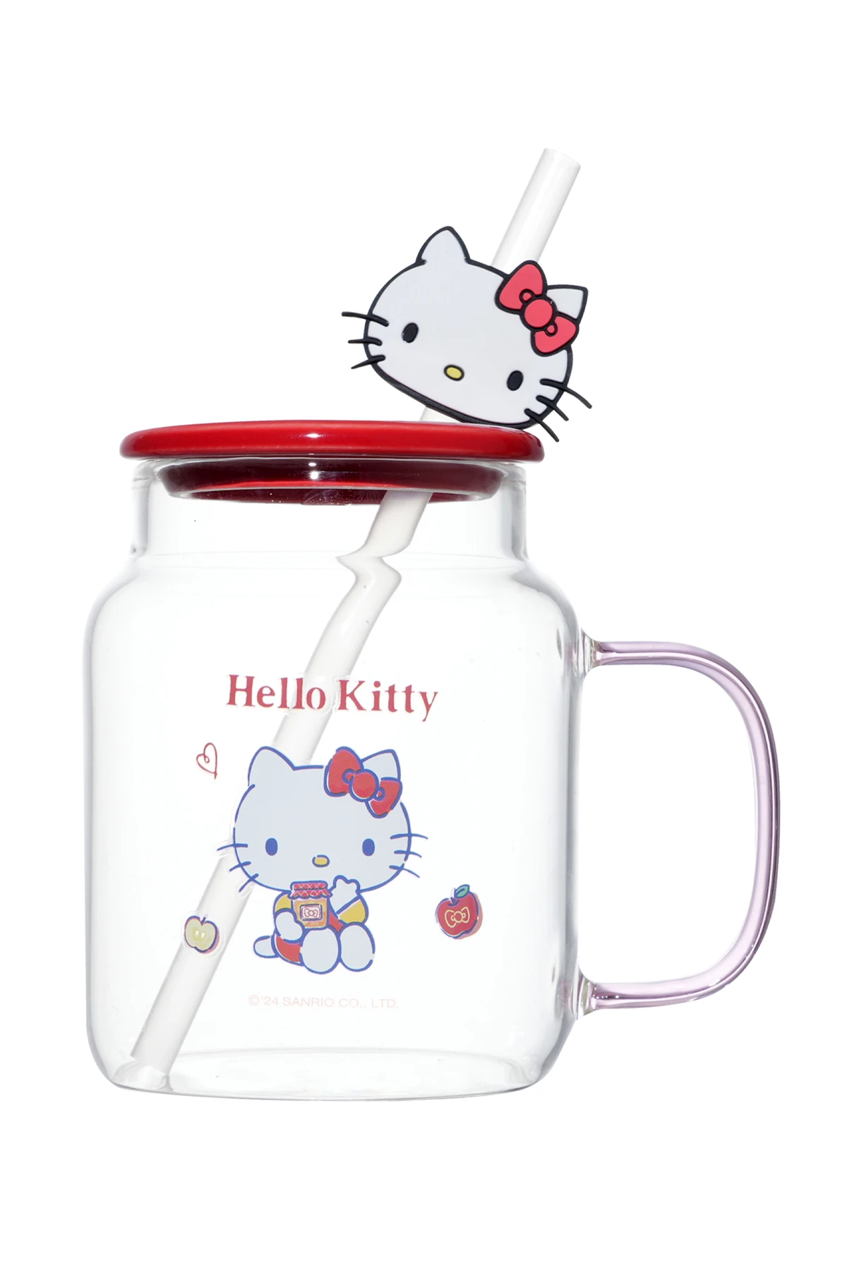 Sanrio Lisanslı Hello Kitty Kapaklı ve Pipetli Cam Bardak 450 Ml