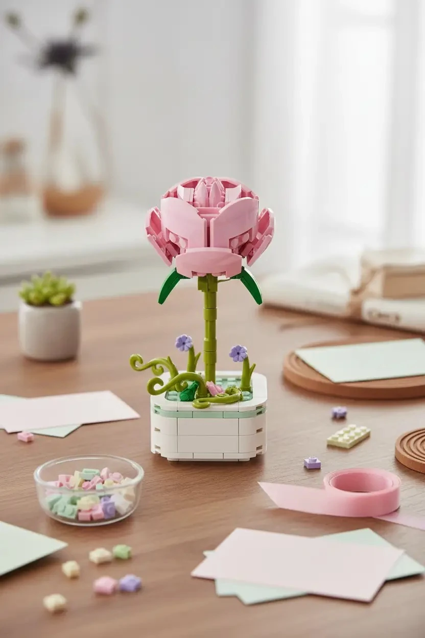 Pembe Gül Mini Çiçek Oyun Bloğu – Saksılı Dekoratif Birleştirilebilir Hobi