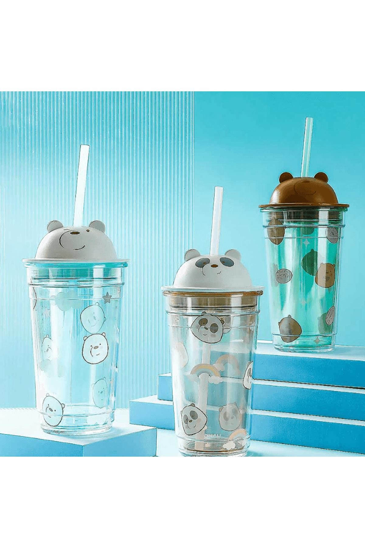 We Bare Bears Lisanslı Pipetli Şeffaf Plastik Şişe 440Ml (Grizzly)