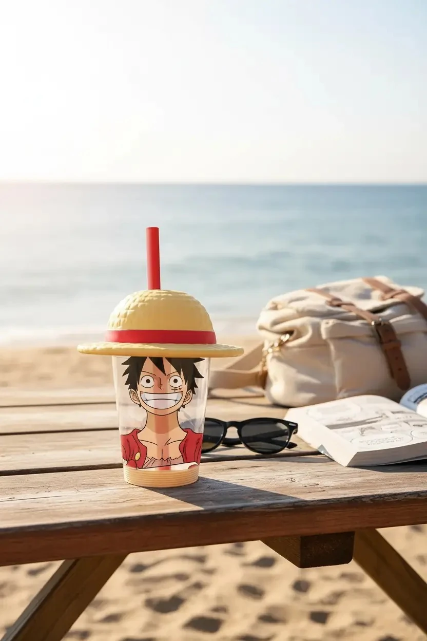 One Piece Lisanslı Şapka Figürlü Pipetli Plastik Su Kabı (535 ml, Luffy)