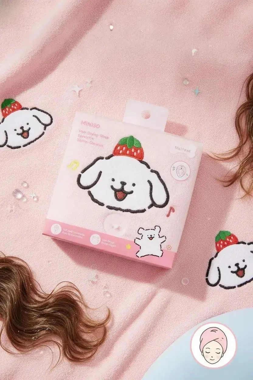 Miniso Lisanslı Maltese Serisi Nakışlı Saç Kurutma Havlusu – Yüksek Emici & Yumuşak Dokulu