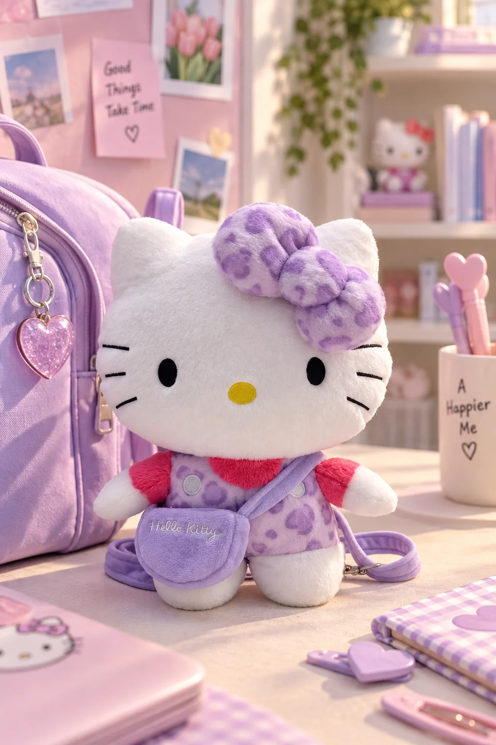 Sanrio Lisanslı Hello Kitty Peluş Sırt Çantası Mor – Leopar Desenli 30 Cm