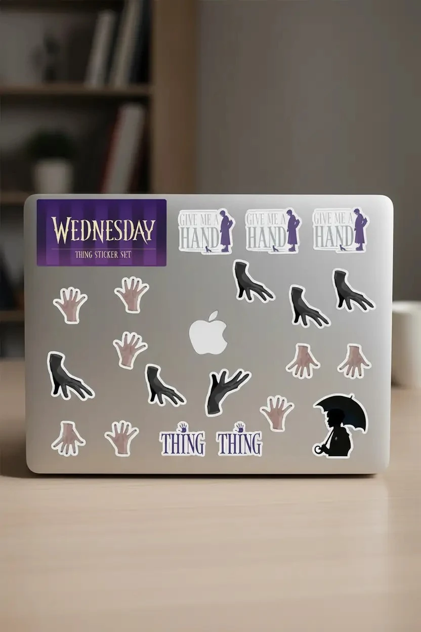 Wednesday Thing Sticker Seti – Laptop ve Defter İçin Thing Karakterli Çıkartma